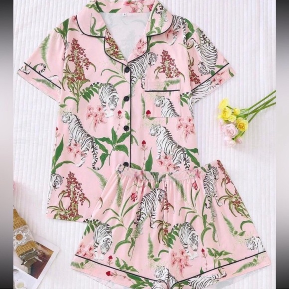 boutiquee Other - Floral & Tiger Printed Women's Pajama Set, Comfortable Short Sleeve Button-Down